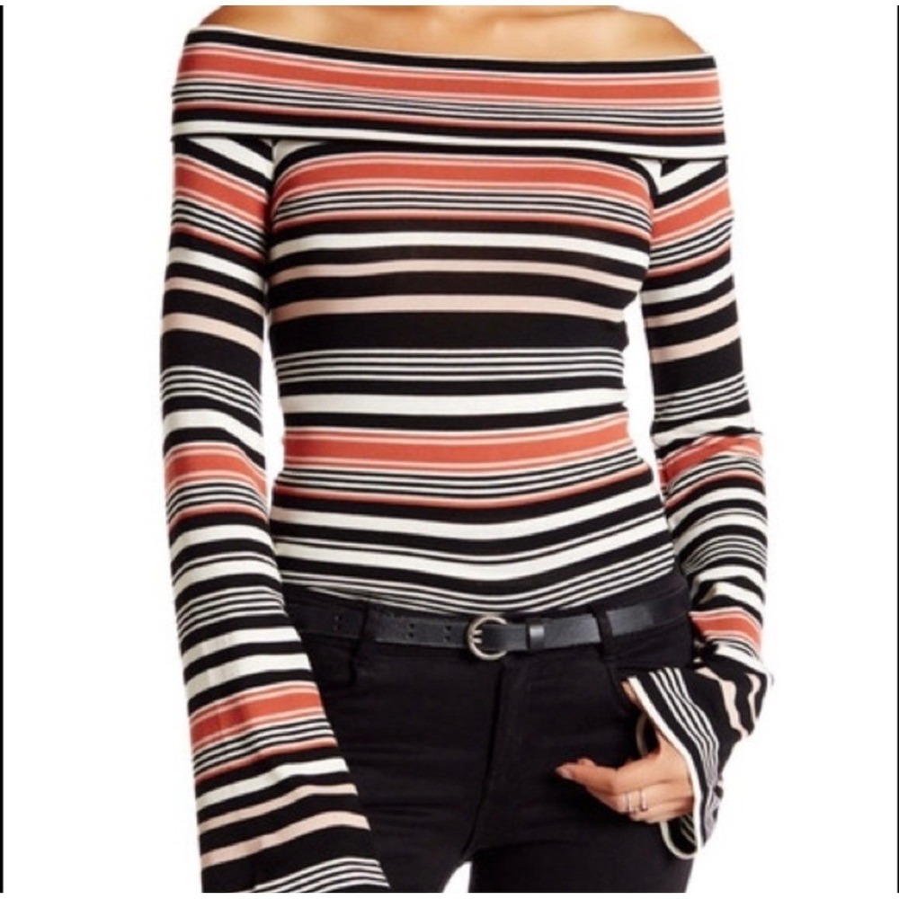 Free People Striped Off The Shoulder Bell Sleeve Ribbed Knit Top‎ Black Rust S